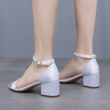 Cm Square Heel Sandals Shallow Mouth With Buckle Sandals Ivory White Silk Satin Cloth Bride White Sandals