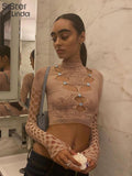 Diamonds Mesh Hollow T-Shirts Women Full Sleeve O-Neck Y2K Chic Tops Female Stretch Thin Trend Tees Streetwear