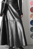 Autumn Long Black A Line Soft Faux Leather Skirt Women High Waist Blue Stylish Maxi Skirts Korean Fashion Clothing