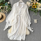 Zingj Shirt Female Designer Feel Minority Pleated Lotus Leaf Ribbon Loose Medium And Long Style Chiffon Dress
