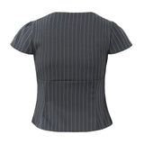 Striped Square Neck Short Sleeve Double Zipper Top-Outfit