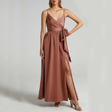 2022 Summer Women Satin Long Dress Spaghetti Strap Sexy Backless Slit Party Maxi Silk Slip
