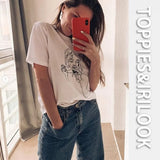 summer t-shirts character printing tops tees solid color white t-shirts women drinking girls