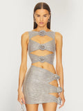 High-End Women's New Sexy Hollow Tight-Nuffed Ass Flower Decoration Dress Temperament Hot Diamond