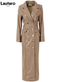 Spring Autumn Extra Long Black Faux Leather Trench Coat for Women Double Breasted Luxury Elegant British Fashion