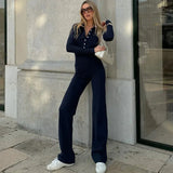 Blue Buttoned Collar Long Sleeve Jumpsuit- Outfit