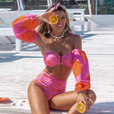 New Sexy High Waist Bikini Set Belt Bottom Swimwear Women Long Sleeve Bather Suit Beachwear Printed Biquini