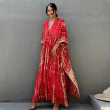 Printed V-neck Batwing Sleeve Side Split Loose Dress For Women Clothes Plus Size Beachwear Maxi Dress