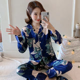 Sleepwear spring Pajamas Set for women Fake Silk Print Sweet Pijama Set Girl Nightgown Loose Waist Long Pant Silk