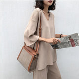 Female Sweater Pantsuit For Women Two Piece Set Pullover V-Neck Long Sleeve Bandage Top Wide Leg Pants