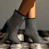 Zingj Street Short Boots Autumn And Winter New Fashionable High-Heel Large-Size Water Drill Pointed Thick-Heeled