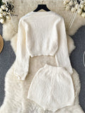 Autumn Knitted Three Pieces Sets Long Sleeved Cardigan+ Single Breasted Strapless+ Stretch High Waisted Shorts