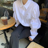 2021 New Women White Shirt Puff Long Sleeve Turn Down Collar Korean Office Lady Chic Elegant Blouse Female Fashion