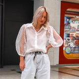 Women Fashion Long Sleeve Polka Dot Shirts Sexy Perspective Mesh Blouses Female Casual Cropped Gothic Shirts