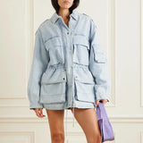 Zingj 2024 New Fashion Multi-Pocket Design Sense Waist Show Thin Long Work Style Denim Coat