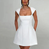 Square Neck Short Sleeve A-Line Solid Mini Dress-Outfit