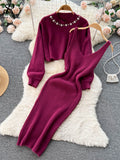 Winter Women Knitted Sets Fashion Breading Long Sleeve Pearl Sweater+Knitted Camis Dress Sets Fashion Sweater