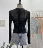 Real Shooting 2024 New Hot Diamond Half-High Collar Perspective Thin-Bottomed Shirt Mesh Top Beautiful Chic Shirt
