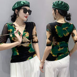 Women Half Sleeve Print Mesh T Shirts Lady Elegant Elastic Crossed V Neck Floral Tops Tees Female Fashion