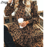 PETAL Leopard Print Ruffled Mini Dress For Women Sexy Mock Neck Long Sleeve Loose Dresses 2023 Autumn Winter Female