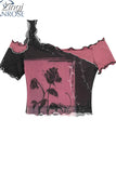Women's Patchwork Vintage Crop Top Gothic Graphic Print Short Sleeve T-Shirt Korean Harajuku Fashion Y2k Aesthetic Tee