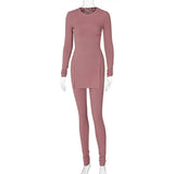 Rib Knitted Casual Solid Two Pieces Sets Women Long Sleeve Sided Split T Shirt Long Pants Outfits Slim Tracksuit