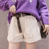 Rolled Wide-leg Shorts Women Korean Retro Elastic Waist Loose Casual Short Pants With Belt Loose A line Shorts