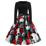 Women Pumpkin Print Party Dress Black Streetwear Gothic Long Sleeve O Neck Vintage Casual Robe Femme Halloween