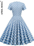 Blue Button 50s Vintage Rockabilly Swing Dress 60s Short Sleeve Robe De Cocktail Party Women Polka Dot Casual Pinup