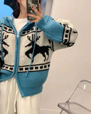 Deer Jacquard Hooded Knitting Zipper Cardigan- Outfit