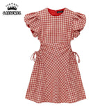 Red Plaid Dress Round Neck Hollow Out Dew Waist Puff Short Sleeve Casual Vintage High Waist Short Skirt Ladies
