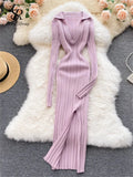 Women Korean Knitted Dress Long Sleeve V Neck Elastic Slim Pencil Dresses 2023 Autumn Sexy Bodycon Split Sweater