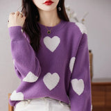 Zingj Dong Lady Long Sleeves Versatile Round Neck Sweater Sweater Jacket Jacket Korean Version Love Jacquard Loose Bottom Shirt-Outfit