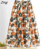 Stripe Cotton Linen Skirts Women Summer Elastic High Waist Pleated Midi Skirt Loose Casual A-Line Beach Boho Skirt