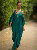 Sexy Cold Shoulder V Neck Bats Sleeve Loose Summer Beach Dress Plus Size Women Beachwear Kaftan Black Dress
