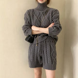 Ladies Sweater Set Turtleneck Loose Pullovers & Elastic Waist Lace-up Shorts Women 2 Pieces Knitted