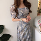 Summer Dress 2021 New Fashion Dress Elegant Square Collar Floral Chiffon Dress Women'S Dress Pleated Long