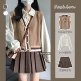 Autumn College Style Retro Vest Three-Piece Suit Female High-Waisted Half-Dress Long-Sleeved Shirt