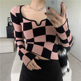 Knitted T Shirt Women Clothing Pink Plaid Square Collar Ladies Tops Long Sleeve 2022 Korean Slim Skinny Cropped