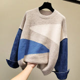o neck hedging denim stitching contrast sweater women autumn winter all-match long-sleeved sweater loose lazy wind