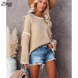 PETAL Contrast Trim Sweater For Woman Casual Loose O-neck Long Sleeve Waistcoat 2023 Autumn Winter Pullover Top