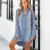 PETAL Frayed Denim Shirt For Women Casual Long Sleeve Pockets Button Up Long Shirt Top 2023 Spring Autumn Shirt
