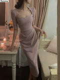 New Elegant Midi Dress For Women Bodycon Office Lady Solid One Piece Slim Clothing Femme Fashion