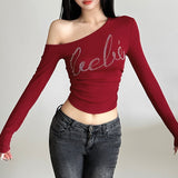 Winter Fashion Trend Women's New Personality Hottie Slant Shoulder Repair Letter Hot Umbilical Umbilical Clad