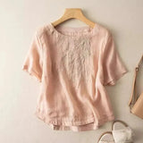 Cotton T-Shirt Women's Summer Size 2025 New Mother Loose Rib Linen Short-Sleeved