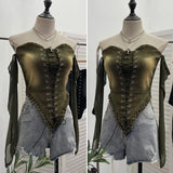 Hottie Sexy Tset Blouse Irregular Cowboy Splicing Mesh Yarn Tie With Short T-Shirt