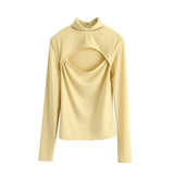 2021 Spring Hollow Out T-shirts Woman Slim Knitted Turtleneck Tops Tee Long Sleeve Sexy Ladies
