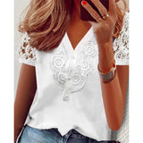 Summer Lace Splice White Shirt V-Neck Women Casual Blouse Elegant Short Sleeve Tops Fashion Loose Hollow Lady Shirts