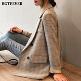 Vintage Loose Double Breasted Women Plaid Blazer Notched Collar Long Sleeve Female Suit Jacket 2020 Autumn Outwear