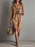 Women's Elegant Workwear Style Pocket Button Velvet Shirt Dress